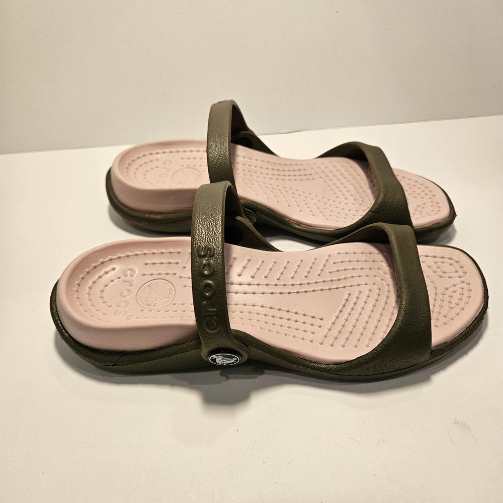 Crocs Cleo Women 5 Olive Green Grey Pink Dual Strap Comfort Slide Sandals - Picture 3 of 8